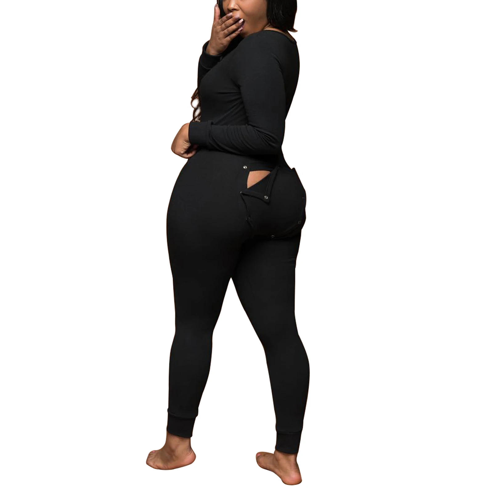 Sexy Women Ladies Deep V Neck Overalls Butt Flap Pajamas Sleepwear Long Sleeve Bodycon Bodysuit Jumpsuit Rompers Clubwear