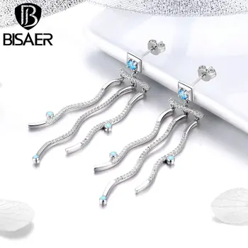 

BISAER Hot SALE Silver Color The Ripple With Blue Drop of Oil And Sparkling Zricon Drop Earring Wedding Gift For Women HNE179