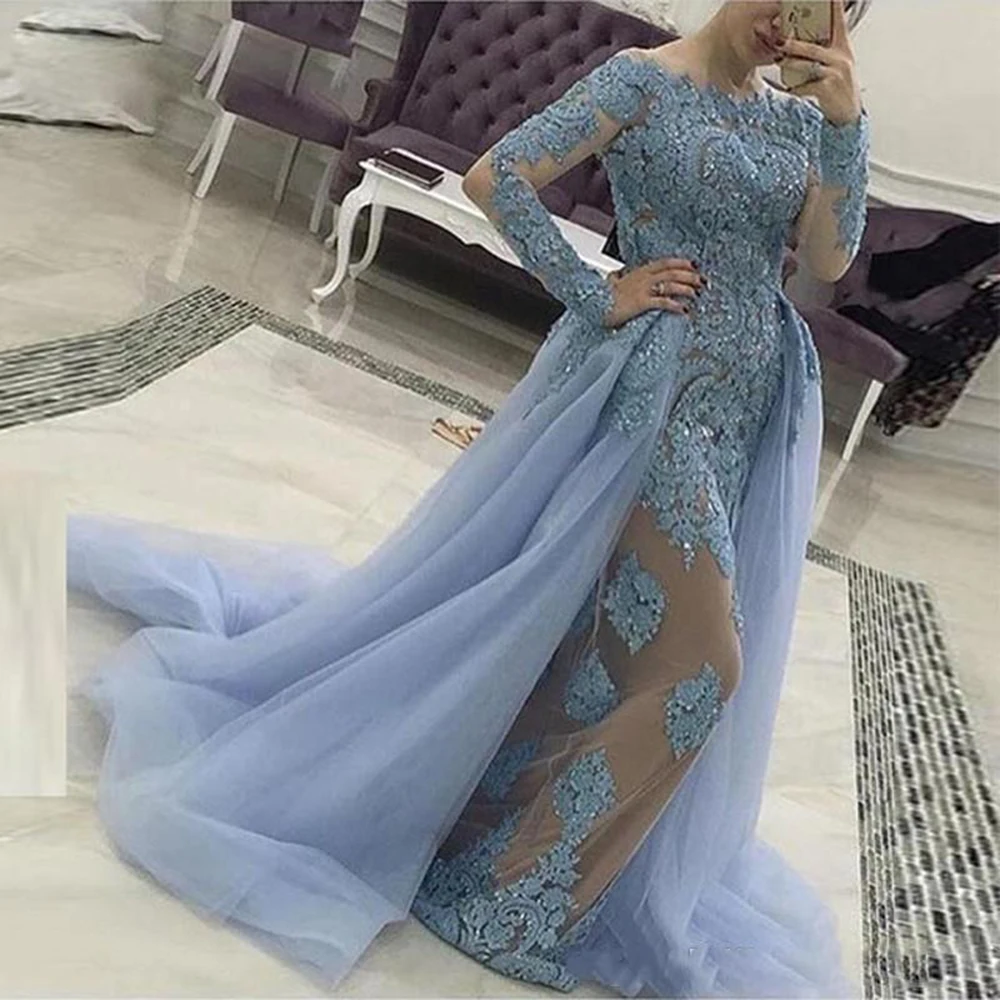 New Fashion Mermaid Lace Evening Dress Removable Skirt 2 Pieces Prom Gowns Long Sleeve Special Occasion Dresses 2021 Custom Made evening dresses for women Evening Dresses