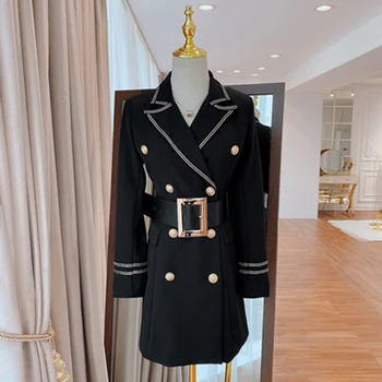 

HIGH STREET 2020 Runway Designer Dress Women's Top Stitching Contrasting Notched Collar Belted Dress