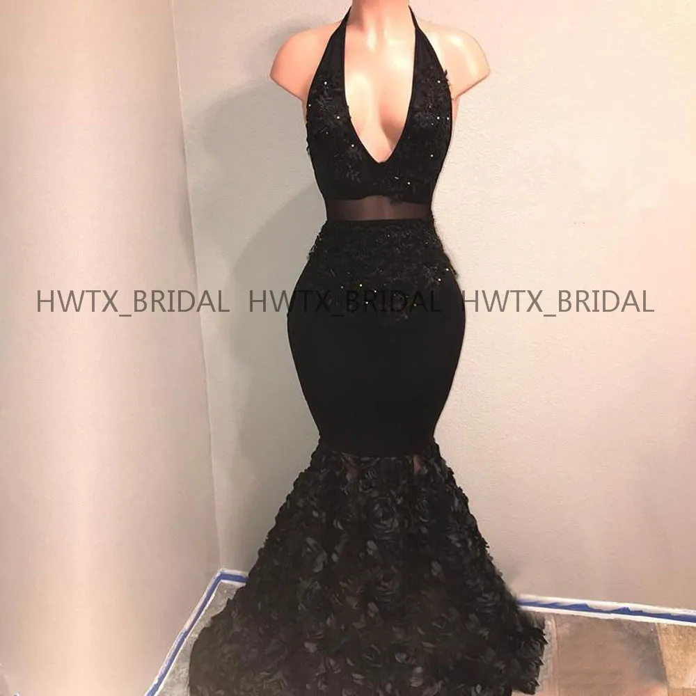 3D Цветы длинное вечернее платье черное сексуальное Русалка Холтер V образным вырезом Африканский арабский официальный вечерний наряд вечерние платья на заказ