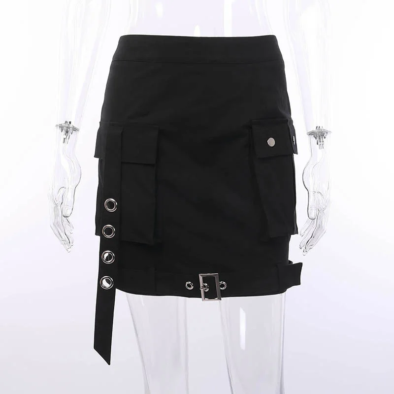 Fitshinling Grunge Pockets Slim Pencil Skirt Female 2019 Autumn Slim High Waist Skirts Women Black Gothic Punk Jupe Femme Sale