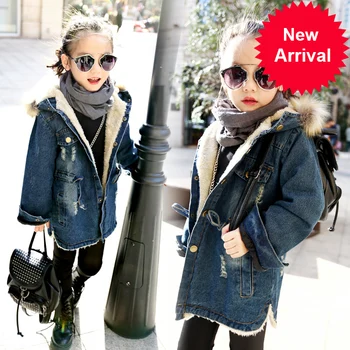 

Denim Jackets For Kids Girls Winter Children's Plus Thick Windbreaker Coat Hooded Warm Outerwear Long Jacket Jean Coat Clothing