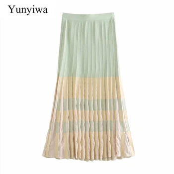 

2020 New Women Vintage color matching patchwork knitting pleated midi skirt faldas mujer lady chic vestido mid-calf skirt QUN650