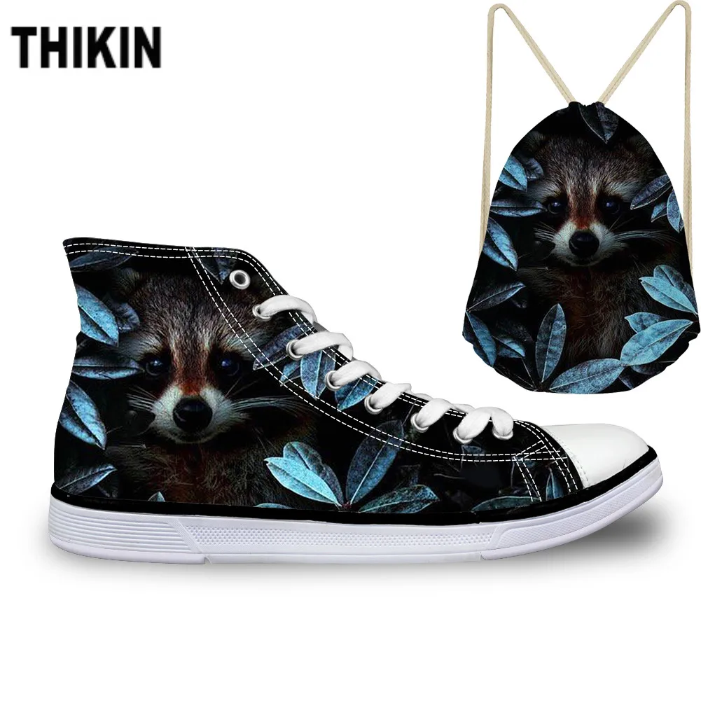 

ThiKin Kawaii Raccoon Pattern with Floral Print Canvas Shoes Lace Up Women High Top Fashion Breathable Ladies Vulcanize Shoes