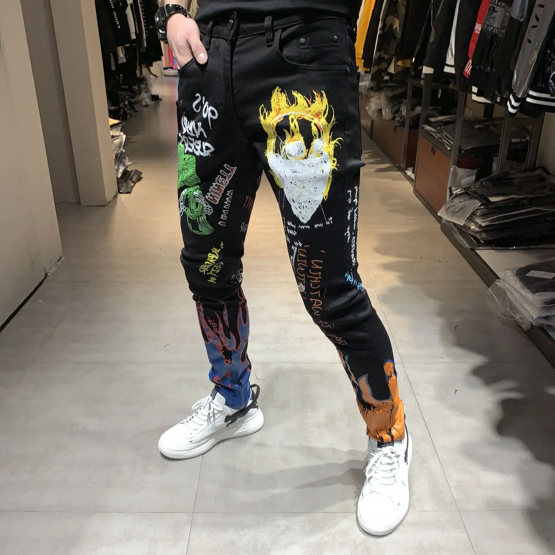 Popular Fashion Streetwear Men Jeans Slim Fit Punk Style Designer Printed Jeans Homme Black Casual Pants Hip Hop Jeans Men Pencil Pants