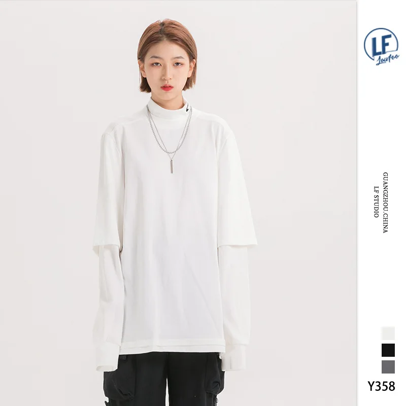 

Lawfoo 2020 Spring And Summer New Style Origional National Trends Men'S Wear Dark of Mock Two-Piece Loose-Fit MEN'S Long-sleeved