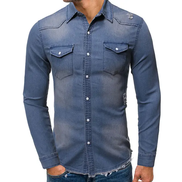 Jeans Shirt Denim Men Slim Fit Fashion Long Sleeve Stylish - AliExpress