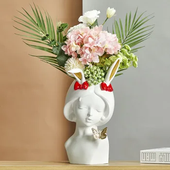 

Resin Antlers Girl Small Vase Simple Style Human Face Vase Decoration Living Room Bedroom Flower Arrangement Dried Flower Home