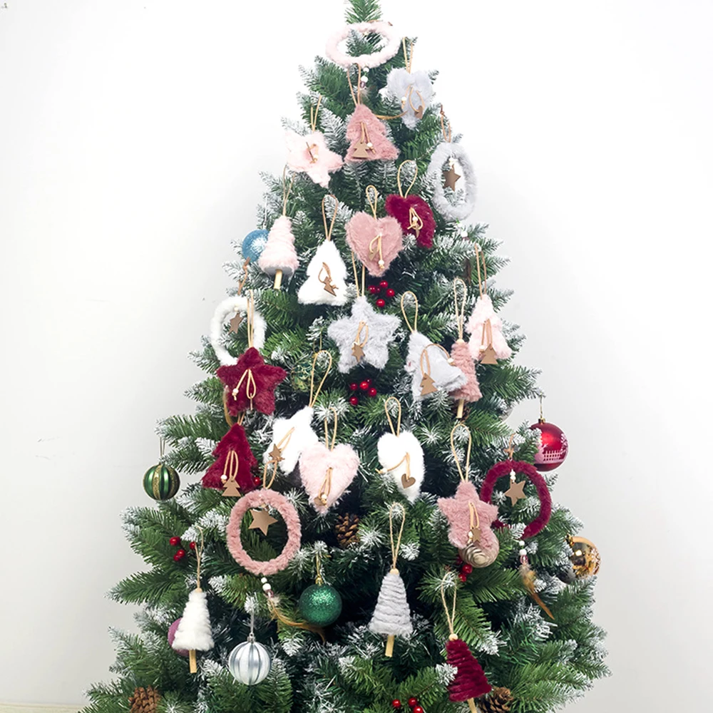 5pcs/set Creative Plush Christmas Tree Hanging Pendant Pink White Heart Star Feather Ornament Christmas Decoration for Home Xmas