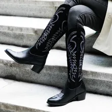 Модные женские ботинки; теплые ковбойские ботинки на низком каблуке с квадратным носком и вышивкой; западное Родео; женская пикантная зимняя обувь;#907