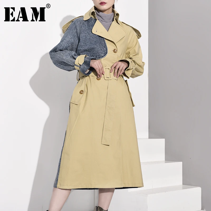 

[EAM] Women Khaki Denim Split Joint Long Trench New Lapel Long Sleeve Loose Fit Windbreaker Fashion Autumn Winter 2019 WJ2660