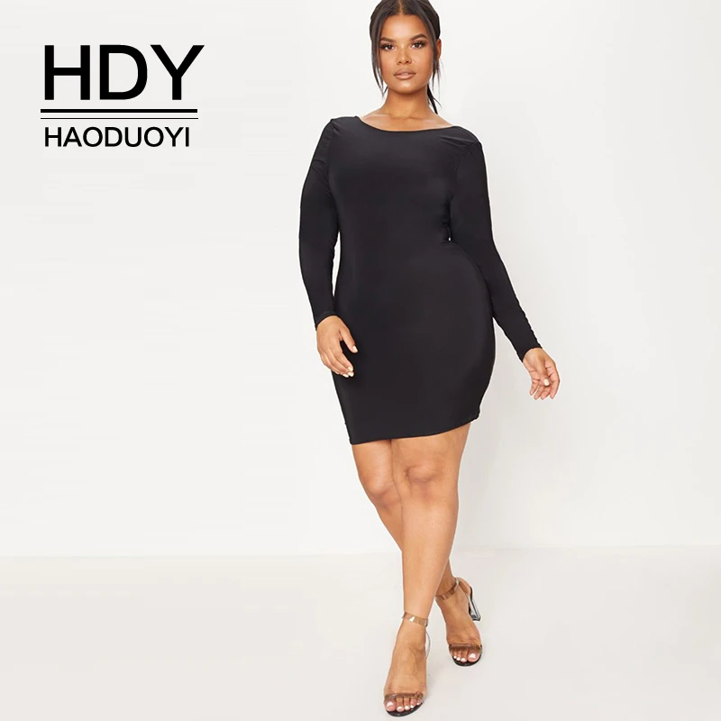 

HDY Haoduoyi Fashion Sexy Conventional Round Neck Open Back Solid Color Tight Hips Spring Pop Long Sleeve Large Size Dress