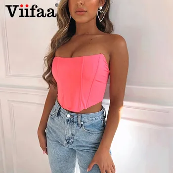 

Viifaa Sleeveless Curved Hem Satin Tube Top Summer Women Streetwear Sexy Bustier Off Shoulder Fitted Crop Top