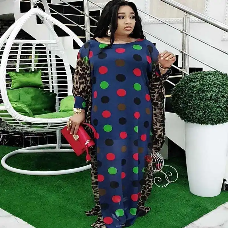 African Dresses For Women Plus Size Chiffon Dress Leopard Patchwork Dot Polka Dashiki Robe O Neck Maxi Partyclub|Африканская одежда|