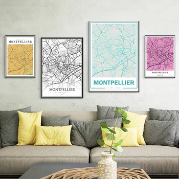 

France Montpellier Rainbow City Maps Canvas Paintings Colorful Map Vintage Kraft Posters Coated Art Prints Home Decor Gift