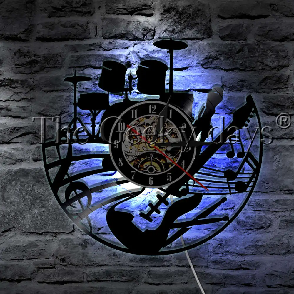 Музыкальный инструмент Виниловая пластинка настенные часы современные дизайны для гитары и набор барабанов рок музыка светодиодный Часы настенные домашние декоративные часы