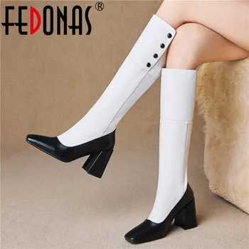 

FEDONAS Elegant Women Knee High Boots Mixed Colors Women'S Boots Fashion Winter Newest Genuine Leather Wedding Shoes Woman Heels