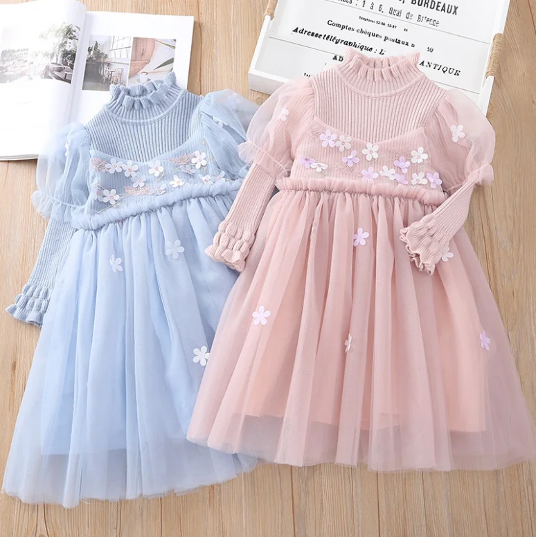 Новинка г.; детское осеннее эксклюзивное вязаное Сетчатое платье с цветочным рисунком; Милая одежда принцессы для девочек; 6 шт/лот;