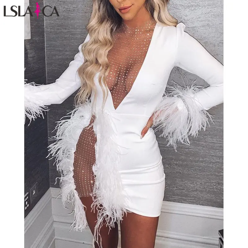 

New bodycon dress long sleeve Mesh Inserted Embellished Mini Dress white sexy evening party club hem split winter dress women