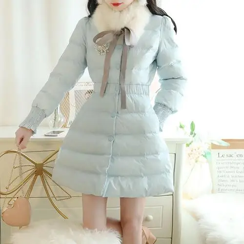 2 цвета, зимняя Новинка, с бантом, на шнуровке, с меховым воротником, для офиса, для девушек, с длинным рукавом, парки, милая приталенная пуховая куртка, Элегантное Длинное хлопковое пальто для женщин - Цвет: Синий