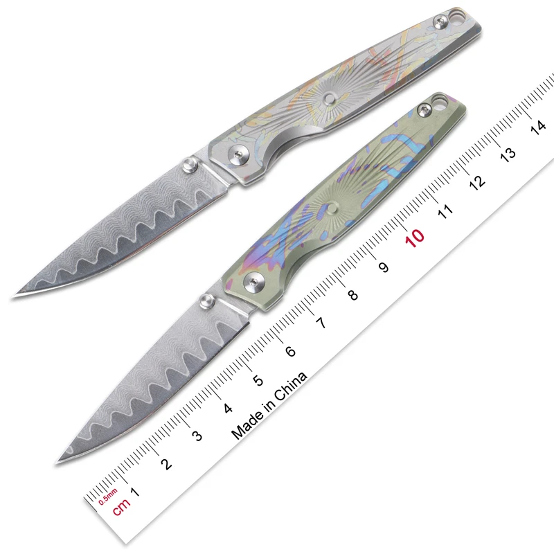 

CH 2.2" Mini pocket knife Damascus blade titanium handle for EDC ,Gift free shipping tin box package