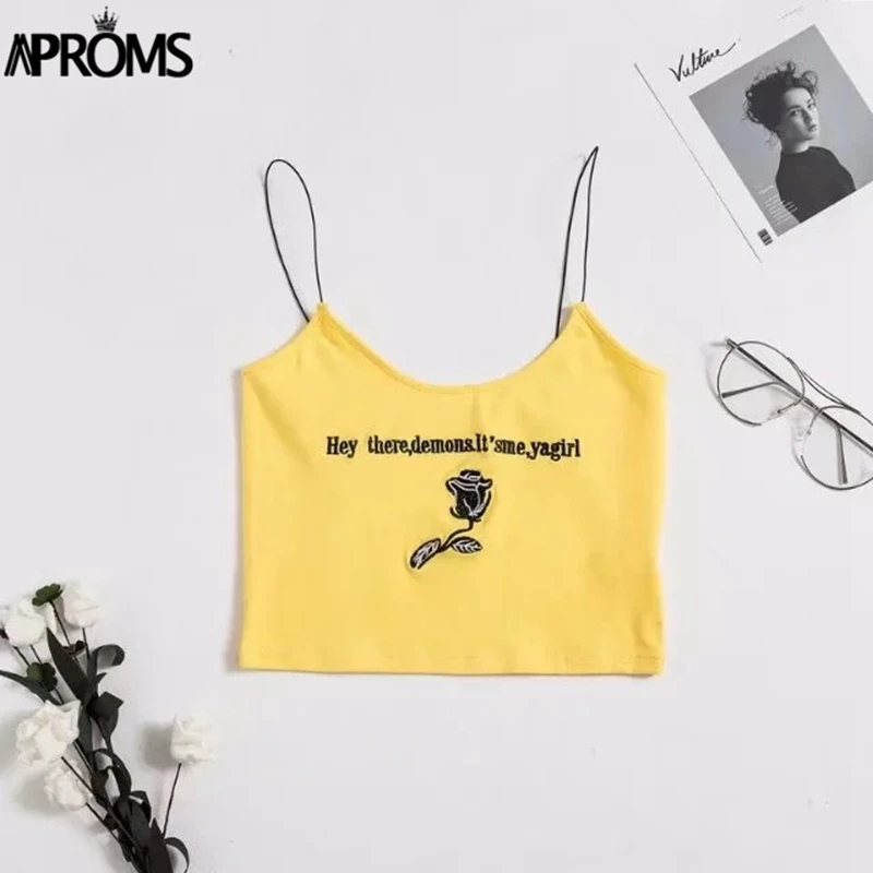 Цвет: желтый Aproms, уличная одежда, с вышивкой розы, базовые женские майки, высокая мода, яркие, тянущиеся, кроп-топ, 90 s, крутые, для девочек, короткие, бюстье, топы на бретелях - Цвет: Цвет: желтый