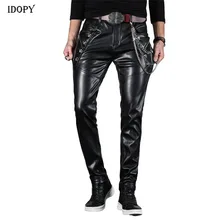 Idopy, Новое поступление, мужской Корейский костюм в готическом стиле, панк, для вечеринки, брюки из искусственной кожи, с цепочкой, для танцев, черные кожаные брюки для мужчин