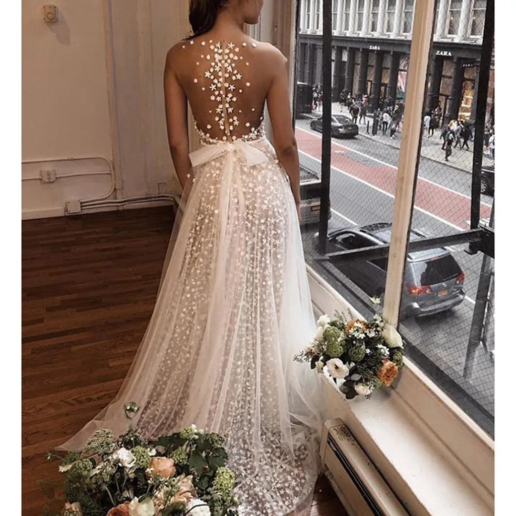 Beach A Line Wedding Dresses Glitter Deep V Neck Backless Lace 3D Floral Appliques Sleeveless Bridal Gowns Bow Belt Custom Made plus size wedding dresses