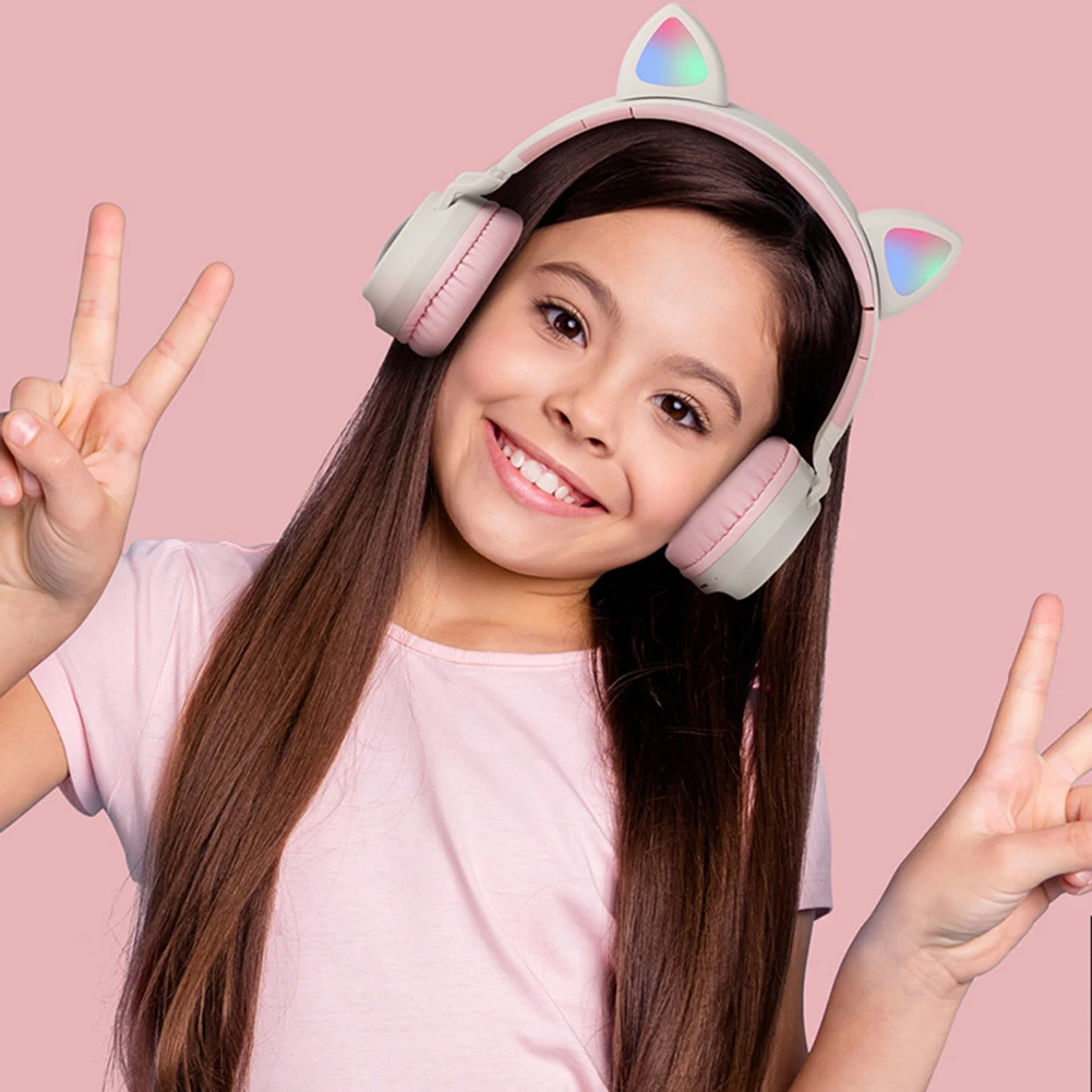 LED Cat Ear Headphones Bluetooth 5 0 Noise Cancelling Adults Kids girl Headset Support TF Card FM Radio With Mic