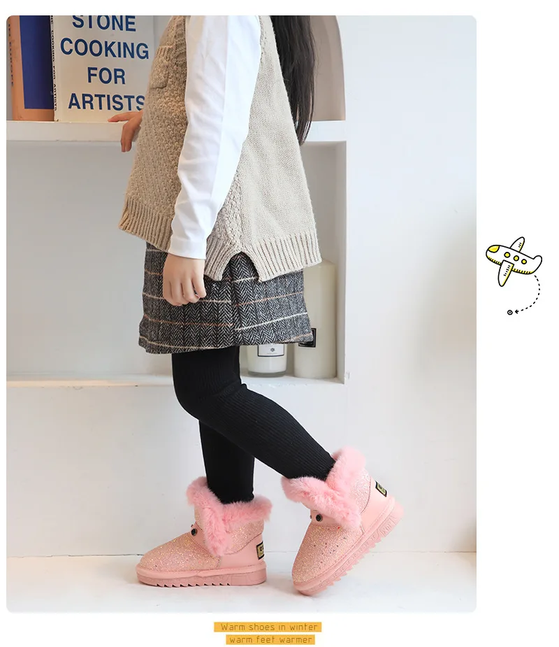 Children snow boots girls rabbit fur boots sequin shoes baby shoes genuine leather cotton boots