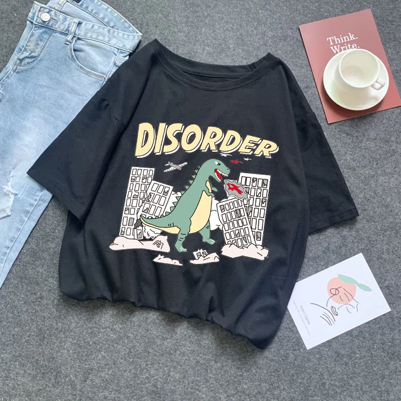 95% Cotton summer Ins Hot Plus Size women t-shirts harajuku Korean Streetwear couple clothes dinosaur short Tops japanese D03