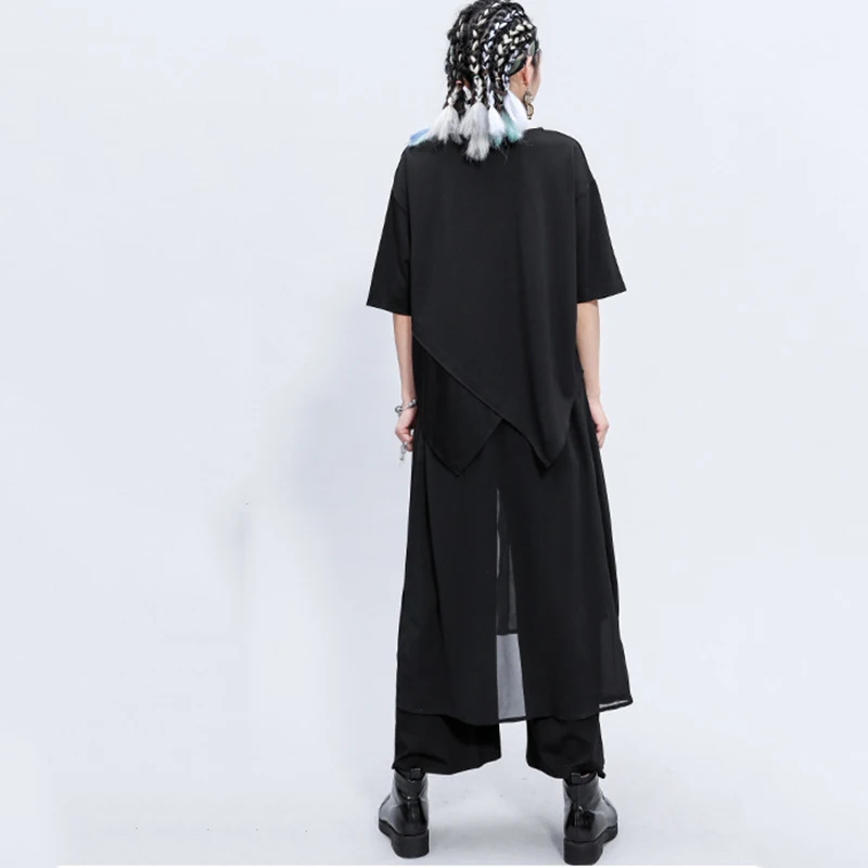 [EAM] Women Black Irregular Big Size T-shirt New Round Neck Three-quarter Sleeve  Fashion Tide  Spring Summer 2020 1Z356