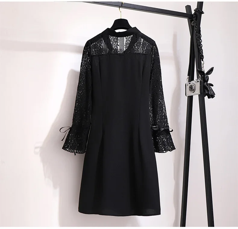 Осень-зима, женское платье размера плюс, большие свободные повседневные кружевные платья с длинным рукавом и v-образным вырезом, черные 4XL 5XL 6XL 7XL