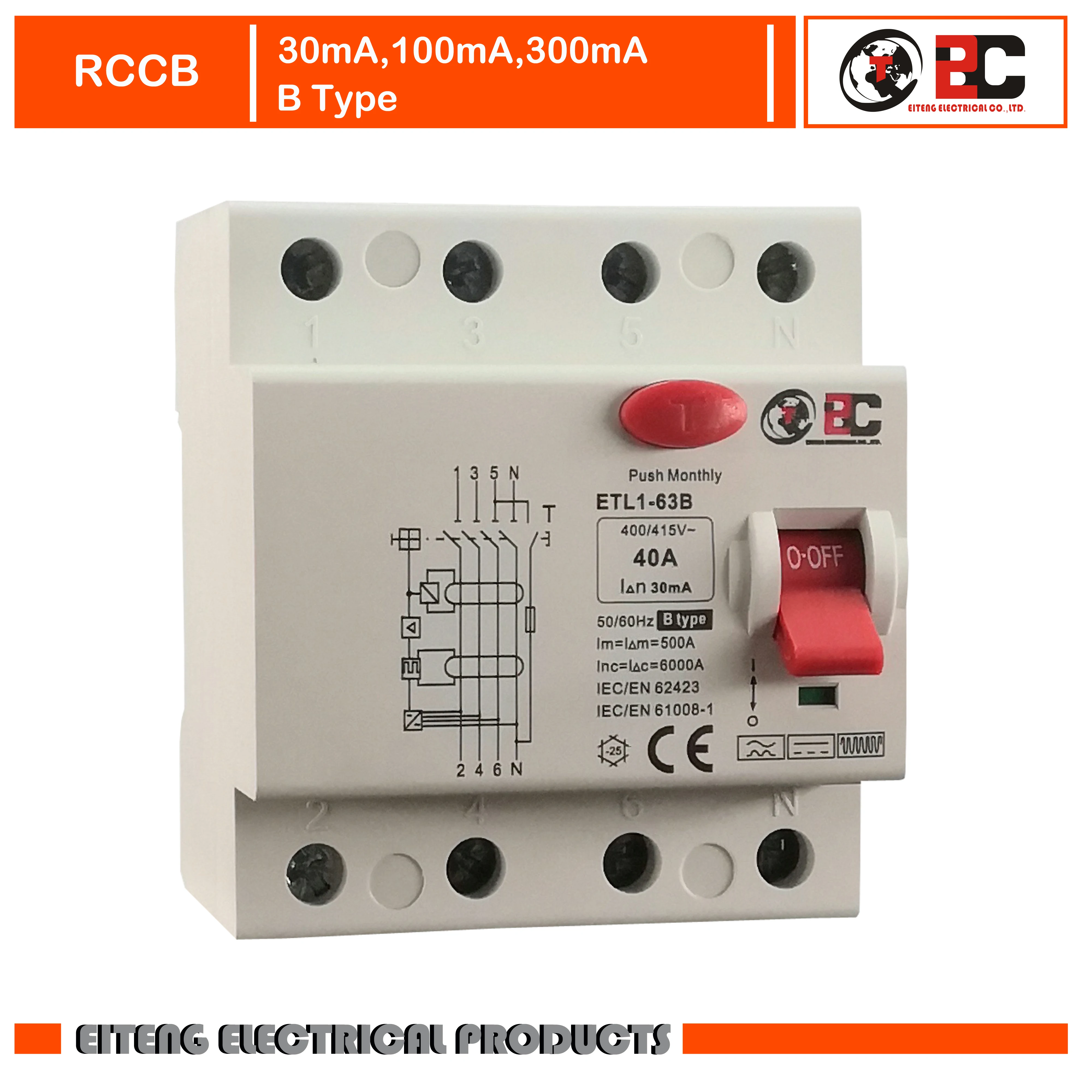 RCCB ETL1 63B 4P 3P + N B тип 400/415V ~ 50HZ/60HZ Выключатель остаточного тока 20A 25A 40A 63A 30mA 100mA