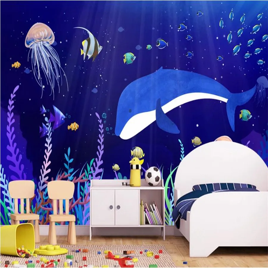 

Milofi custom 3D wallpaper mural Nordic hand-painted cartoon seabed animal whale background wall living room bedroom decoration