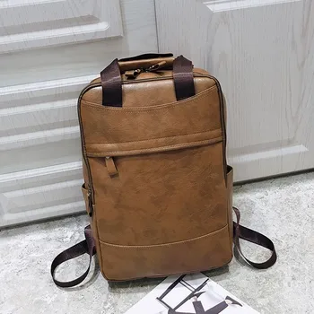 

Vintage Backpack Men Laptop Pu Leather Waterproof Large Back Pack School High Student Preppy Style Backbag Black Solid Simple
