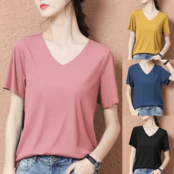 

2020 New Fashion Women Casual Short Sleeve Solid V-Neck Ladies Tee Tops Summer Short Sleeve Female T shirt женская одежда