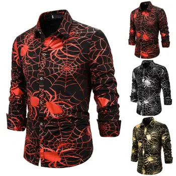 

Fashion Men Halloween Shirt 3D Spider Print Long Sleeve Casual T-Shirt Top Tee Slim Fit Shirts Male Boy Unique Outwear Shirts