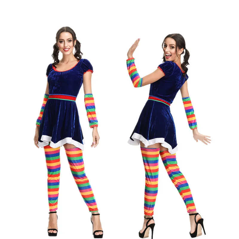 

Halloween Cosplay Rainbow-colored Candy Service New Style Clown Circus Performance Wear Ball Party Costume
