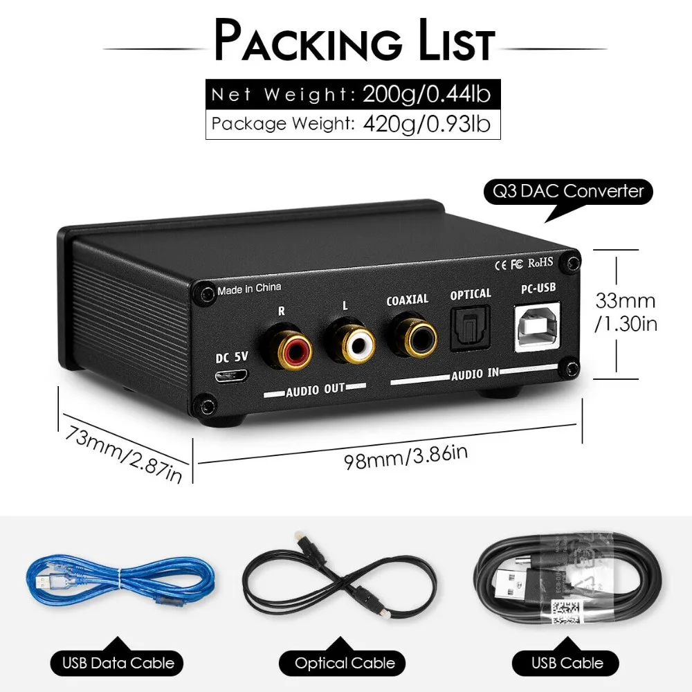 Douk Audio Q3 HiFi USB DAC Mini Digital to Analog Converter Coax/Opt Headphone Amp Treble Bass Professional Amplifier