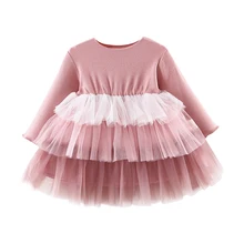 Новое осеннее платье для маленьких девочек От 0 до 3 лет милое Стильное однотонное платье принцессы с длинными рукавами для девочек модное милое многослойное платье-пачка с круглым вырезом