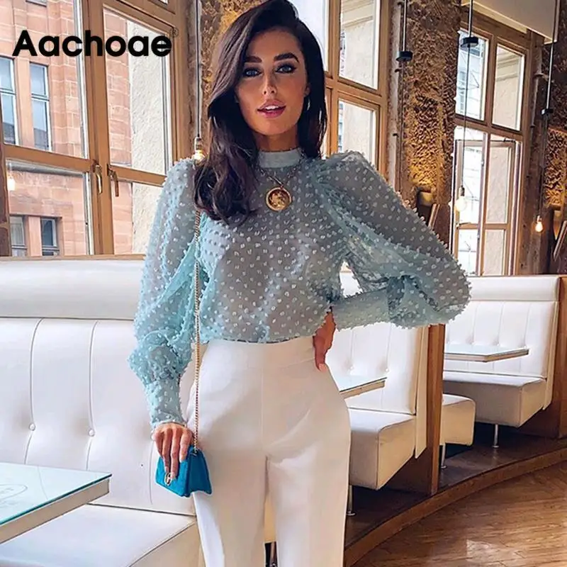 Aachoae Elegant Dots Emebroidery Transparent Blouse Women Puff Long Sleeve Pleated Blouses Ladies Sexy See Through Shirts Tops Aachoae Elegant Dots Emebroidery Transparent Blouse Women Puff Long Sleeve Pleated Blouses Ladies Sexy See Through Shirts Tops