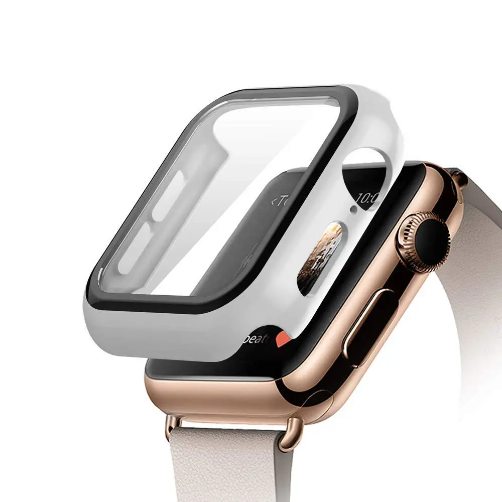White Закаленное стекло+ чехол для часов для Apple watch 5 4 44 мм 40 мм защита экрана iWatch 5 4 3 2 42 мм 38 мм чехол-бампер - Цвет: White