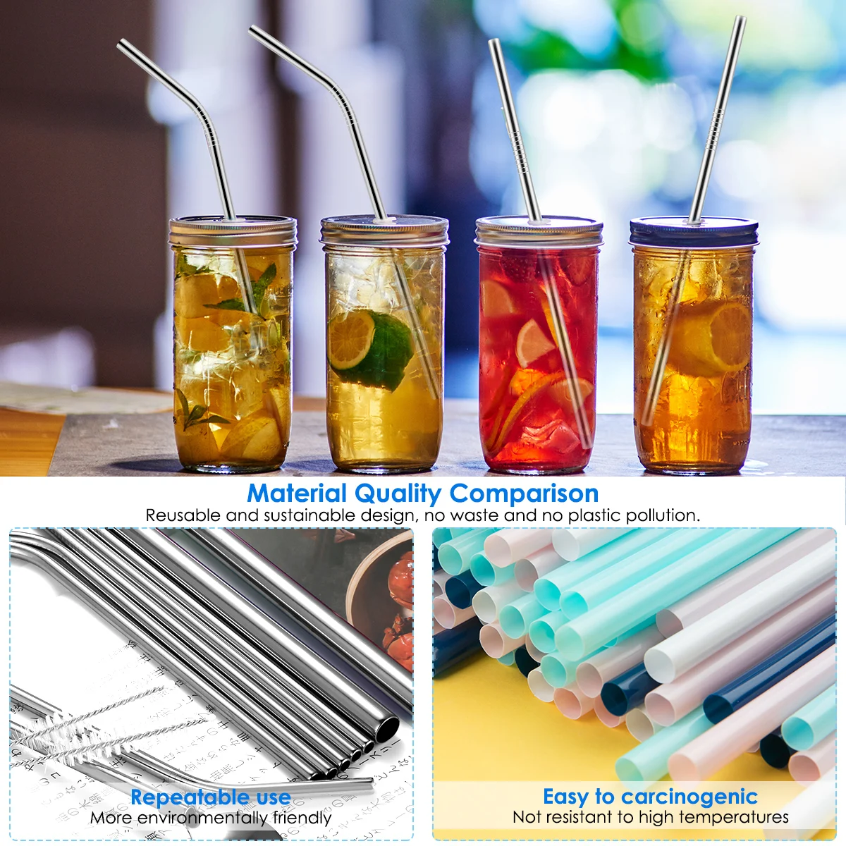 12pcs Reusable Stainless Steel Drinking Straws Set Curved Straight Straws Drink Spoons Brushes With Pouch Stainless Steel Straw