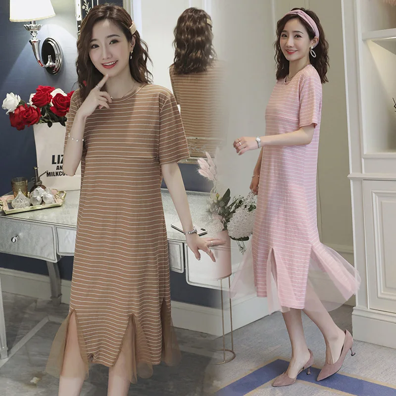 

Dress Women's 2019 Spring New Style Maternity Clothes Cotton Stripes Lace Joint Medium-length Lactation Garment Dress WOMEN'S Dr