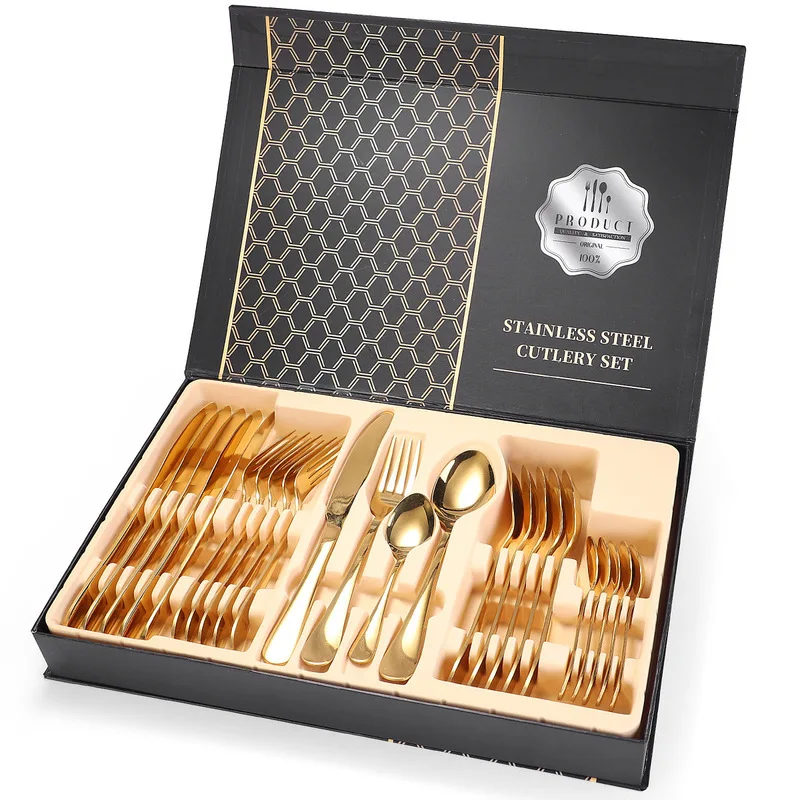 24Pcs/set Gold Cutlery Specular Light Stainless Steel Steak Knife Fork Coffee Spoon Teaspoon Upscale Home Restaurant Cutlery Set