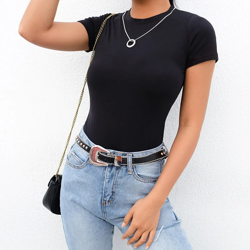 Body informal básico blanco y negro para mujer, Body de manga corta para mujer, Top de algodón, mono ajustado para mujer 2020