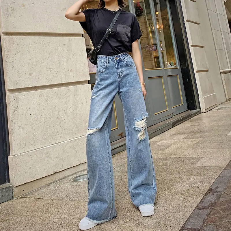 Sexy Spring Hole Ripped Jeans For Women High Elastic Light Washed Vintage Straight Wide Leg Trousers Femme Denim Jeans Sexy Spring Hole Ripped Jeans For Women High Elastic Light Washed Vintage Straight Wide Leg Trousers Femme Denim Jeans