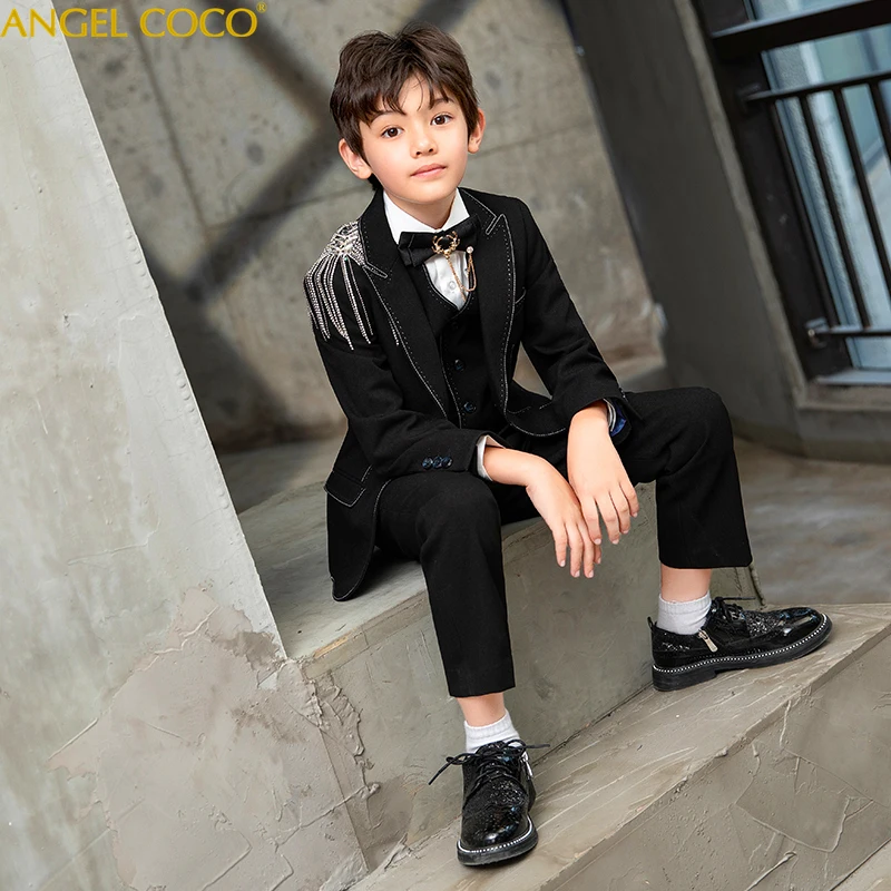 

7PCS Kids Boys Suits Black Blazers Formal wedding Tuxedos Teenage School Party Clothes Fashion Flower Boy Blazer Suit For boy